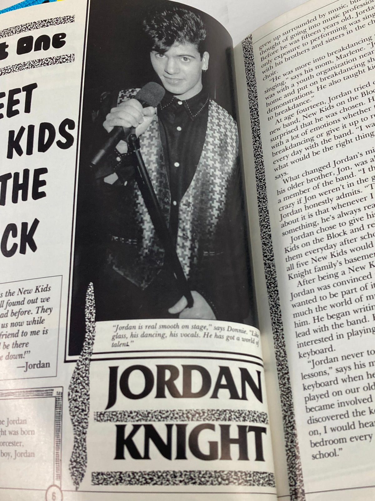 Image of Jordan Knight in the 1990 New Kids On The Block Scrapbook by Grace Catalano, highlighting his talents and stage presence.