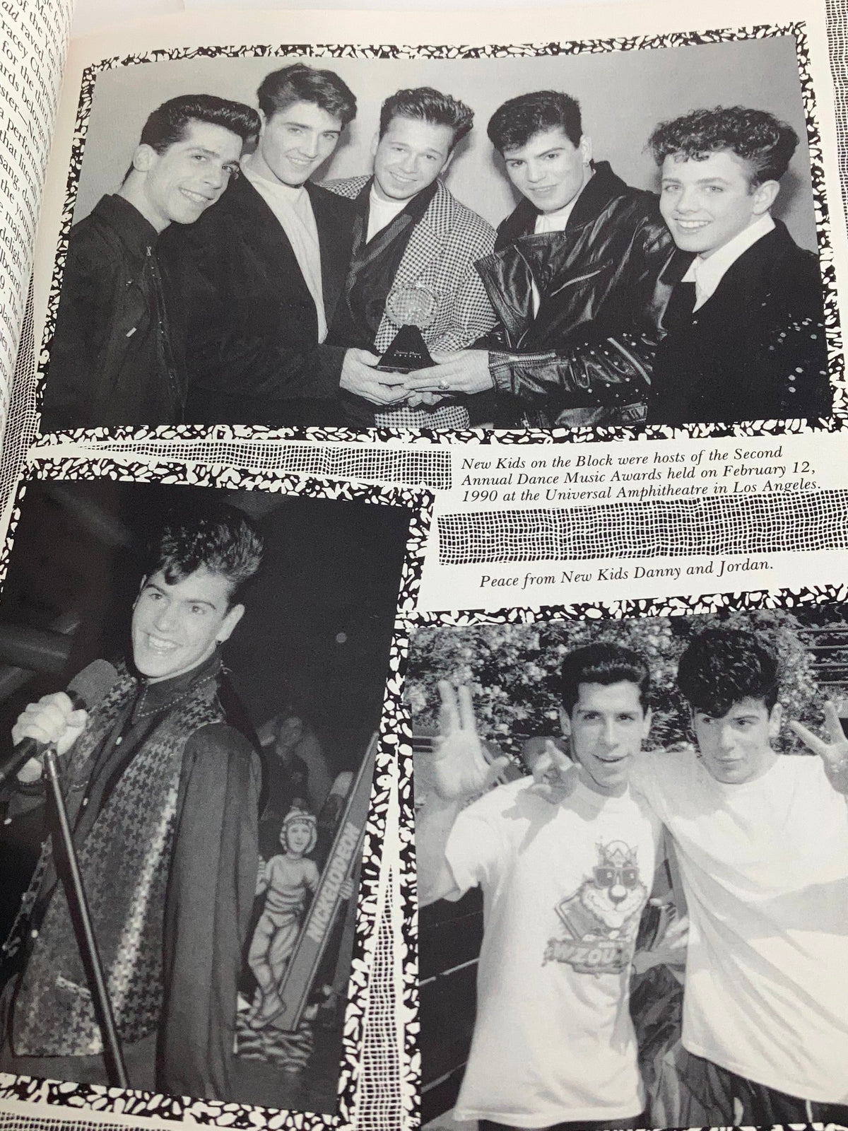 1990 New Kids On The Block Scrapbook by Grace Catalano, displaying a collage of New Kids On The Block members during the Second Annual Dance Music Awards, highlighting their classic group style.