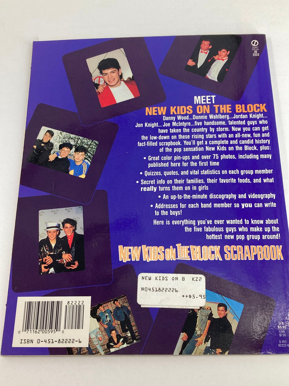 1990 New Kids On The Block Scrapbook by Grace Catalano, featuring the back cover of the scrapbook, with images of the band members and promotional details about the iconic group.