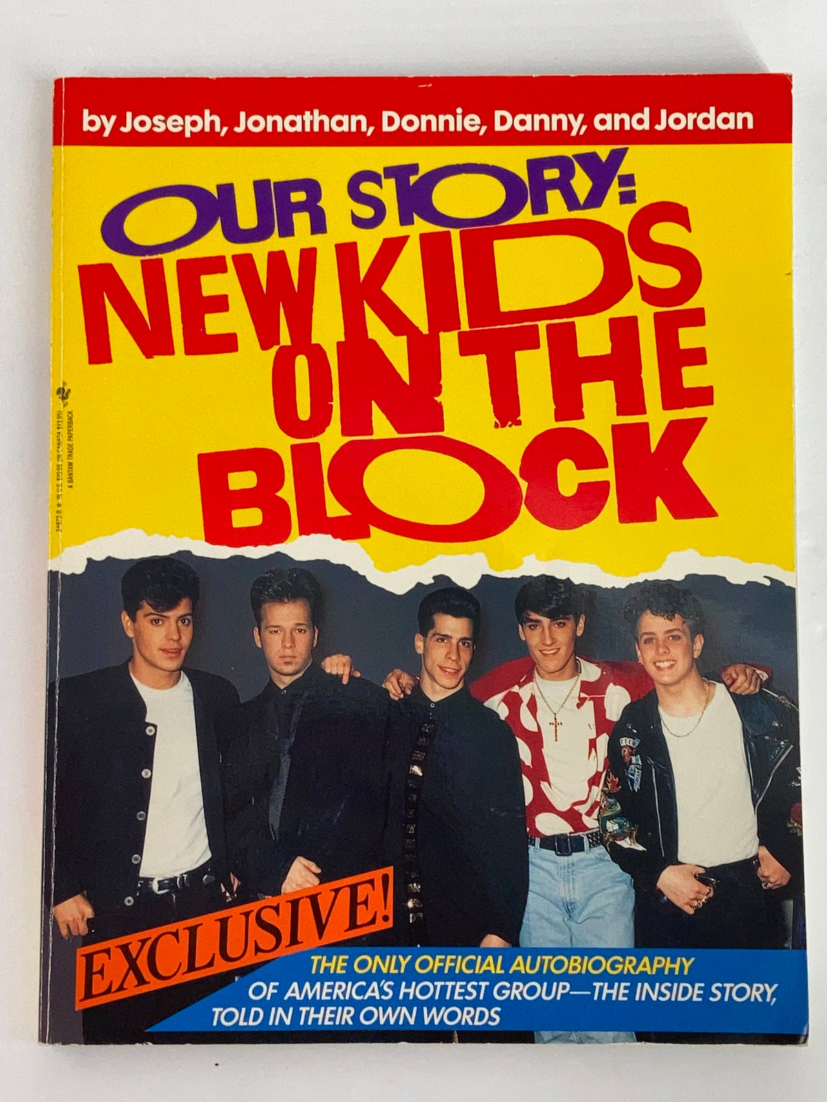 1988 The Official Autobiography Our Story New Kids On The Block cover featuring the members of the band photographed in casual attire with an exclusive label.