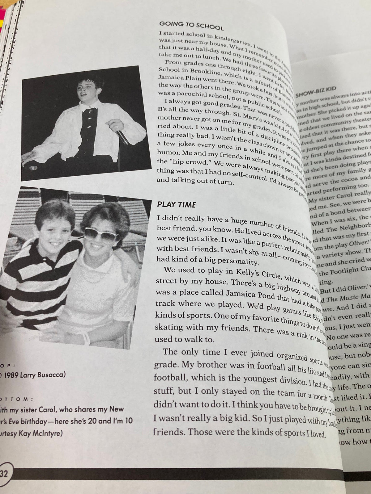 Excerpt from 1988 The Official Autobiography Our Story New Kids On The Block featuring text about childhood experiences of the band members, accompanied by personal images.