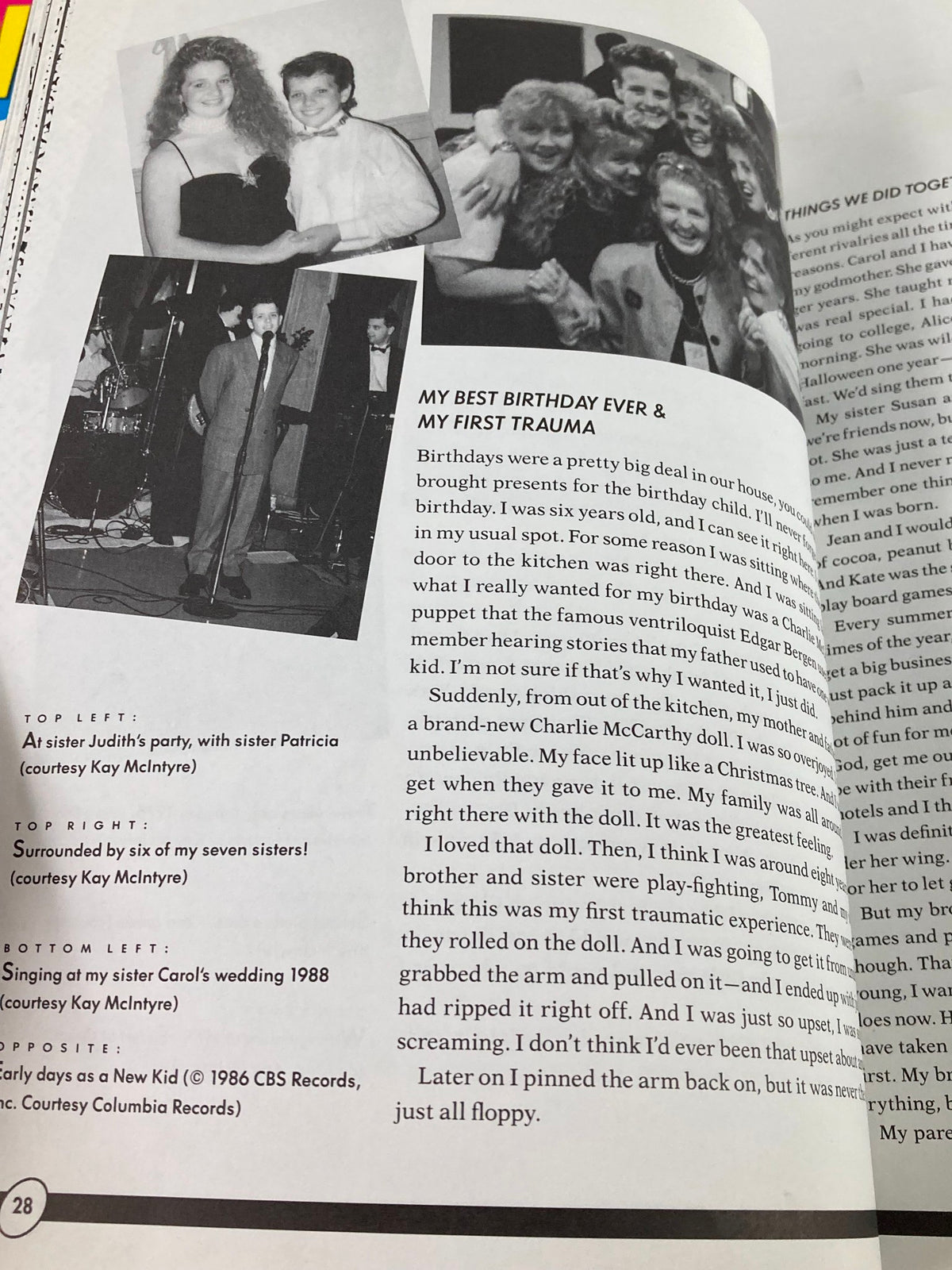 1988 The Official Autobiography Our Story New Kids On The Block - A collage of childhood memories featuring family events, including a girl's party, a wedding, and performance moments alongside nostalgic text.