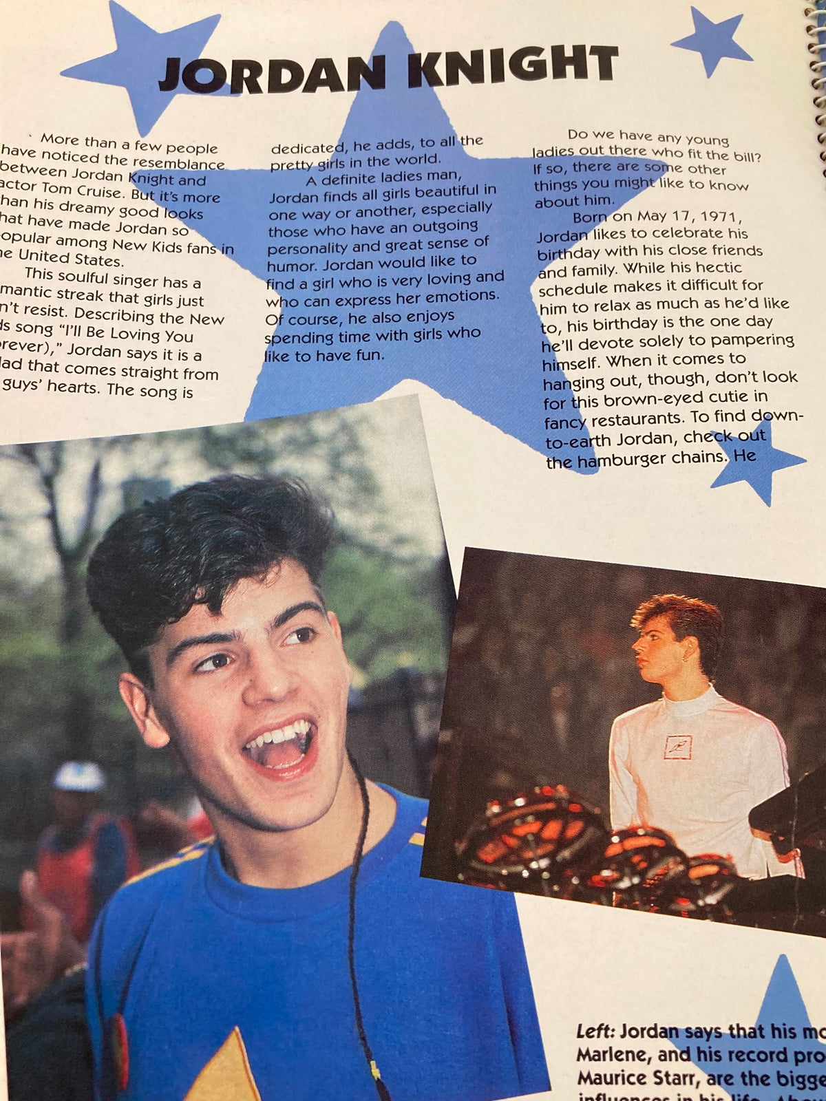 1990 Publications International, Ltd. Presents New Kids On The Block - Jordan Knight enthusiastically smiling while wearing a casual t-shirt, portraying the band's charismatic appeal.
