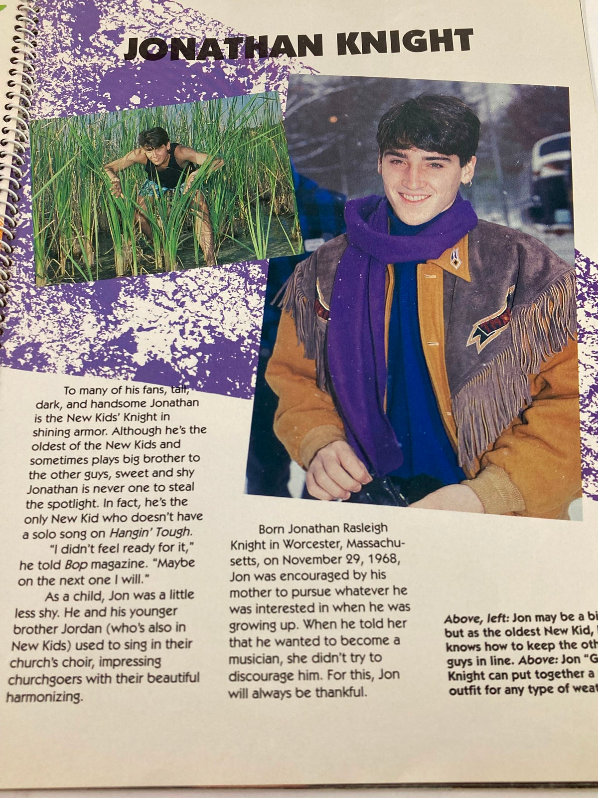 Image from '1990 Publications International, Ltd. Presents New Kids On The Block' featuring Jonathan Knight, a member of the New Kids on the Block, with a thoughtful expression, wearing a stylish winter attire.