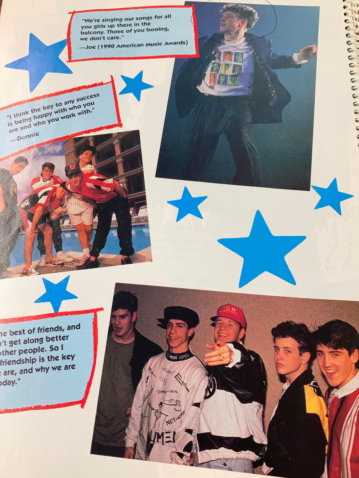 Image from '1990 Publications International, Ltd. Presents New Kids On The Block' depicting the New Kids on the Block band members together, featuring quotes from Joe and Donnie about teamwork and friendship.