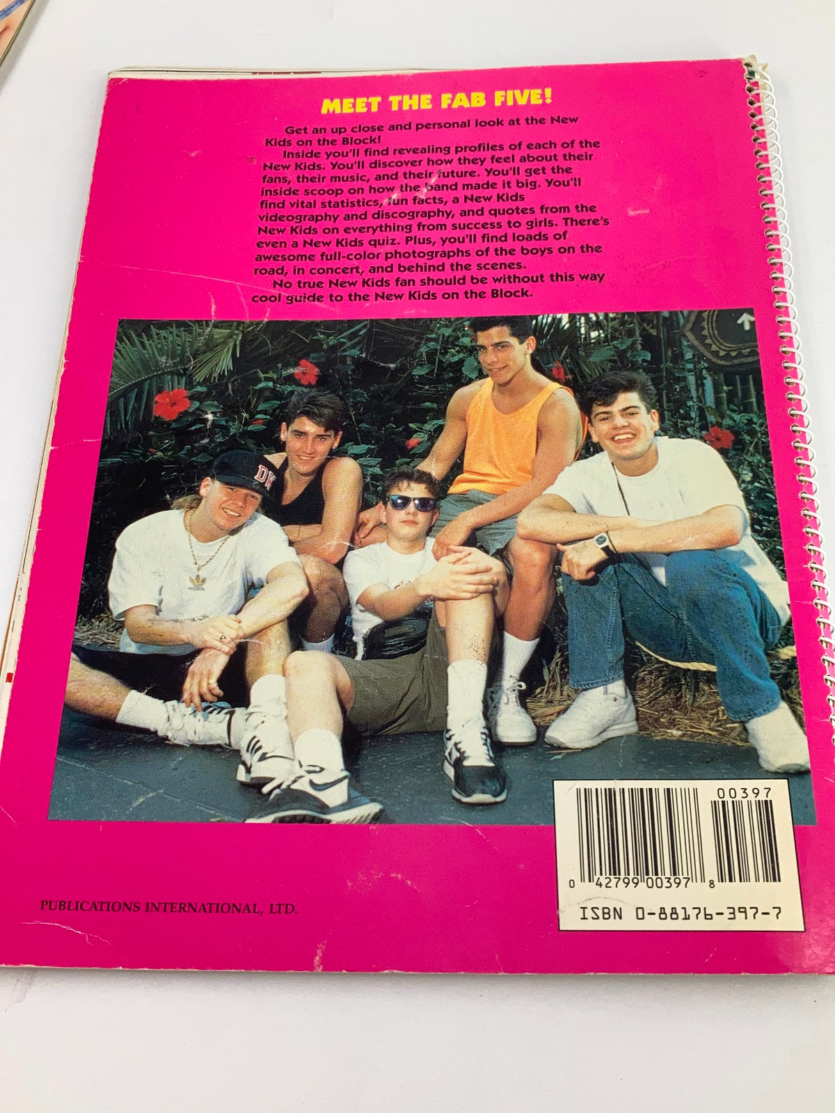 Image from '1990 Publications International, Ltd. Presents New Kids On The Block' showcasing the back cover of the magazine with a group photo of the New Kids on the Block, along with a description encouraging readers to learn more about the band's dynamics.