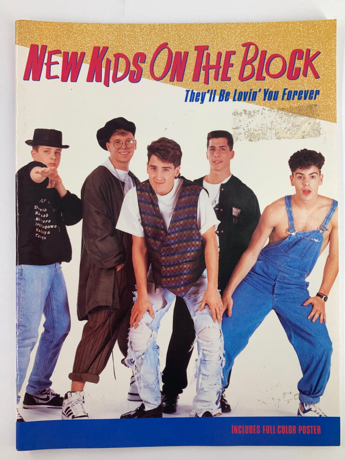 1989 New Kids On The Block They'll Be Lovin' You Forever album cover featuring five members in colorful attire and styled hair, includes a full-color poster.