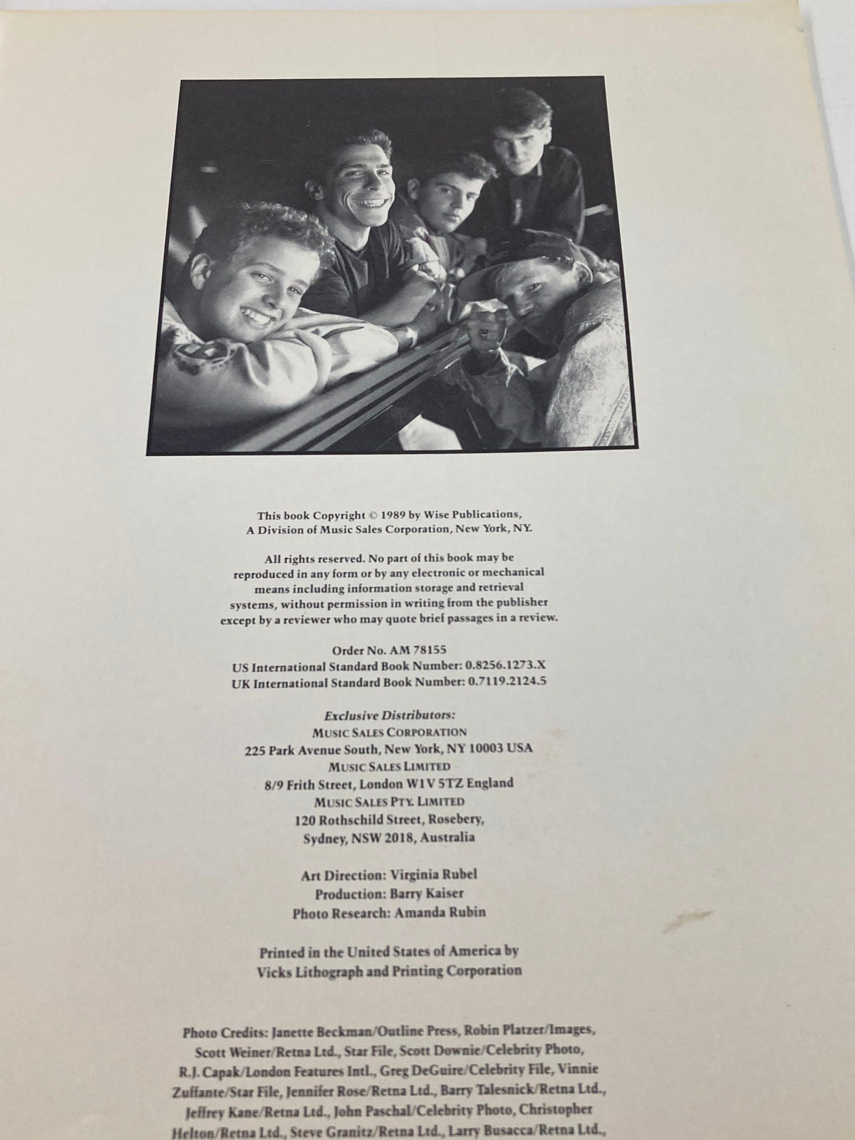 Back cover of '1989 New Kids On The Block They'll Be Lovin' You Forever' book with publication details and credits.