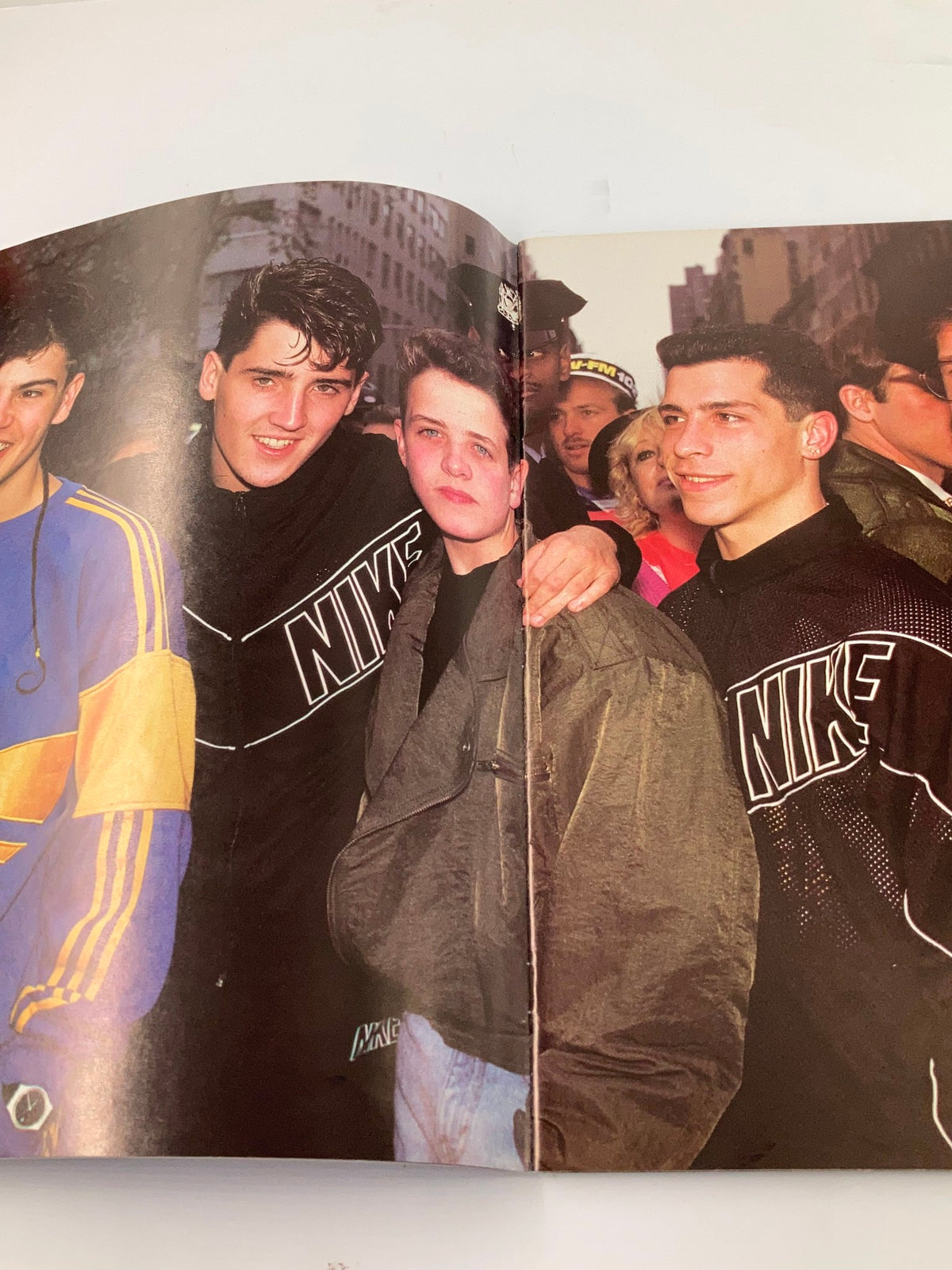 1989 New Kids On The Block They'll Be Lovin' You Forever - A candid shot of three young fans wearing Nike jackets, capturing the excitement of the 1980s pop culture.