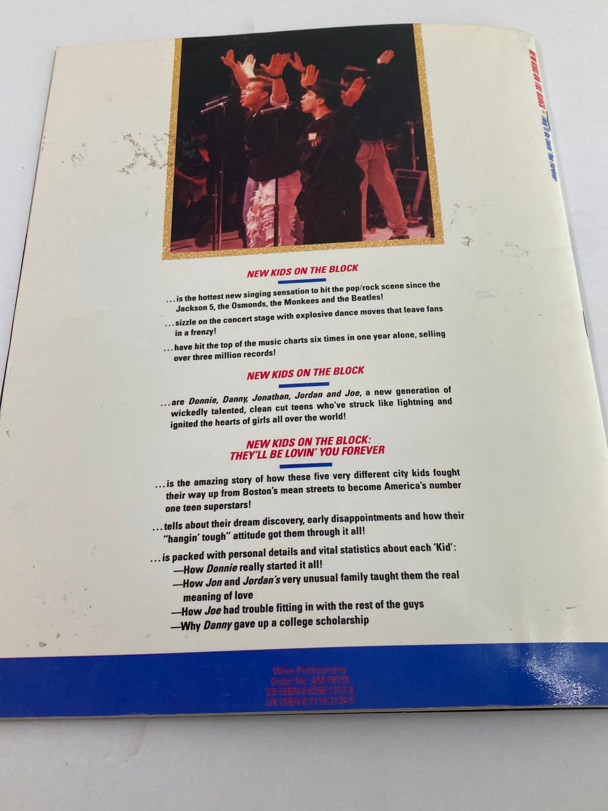 Back cover of the 1989 New Kids On The Block album 'They'll Be Lovin' You Forever,' featuring a performance scene and details about the band members and their journey in music.