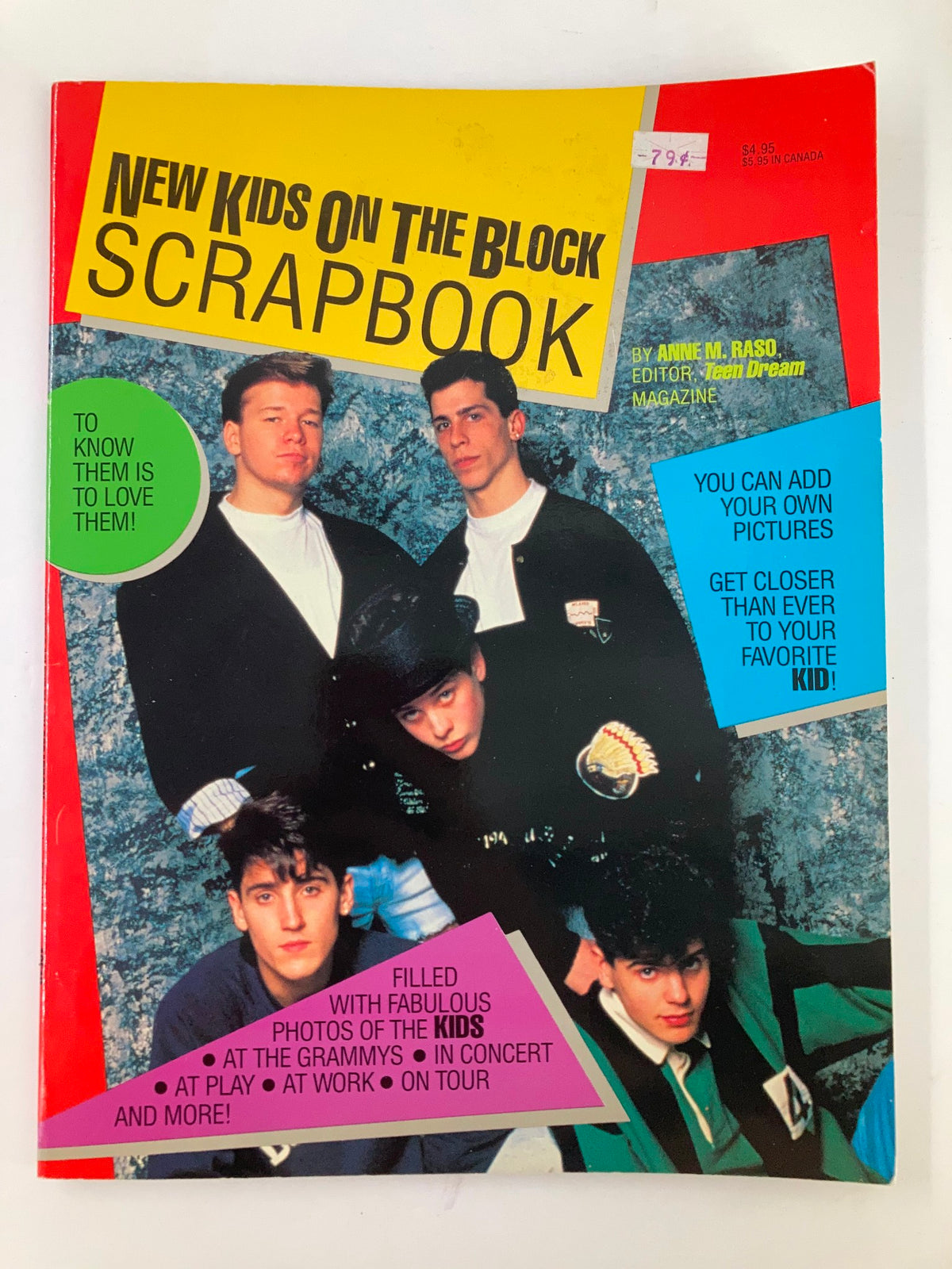 Cover of the 1990 New Kids on The Block Scrapbook by Anne M. Raso featuring band members in colorful attire, promoting nostalgia for fans.