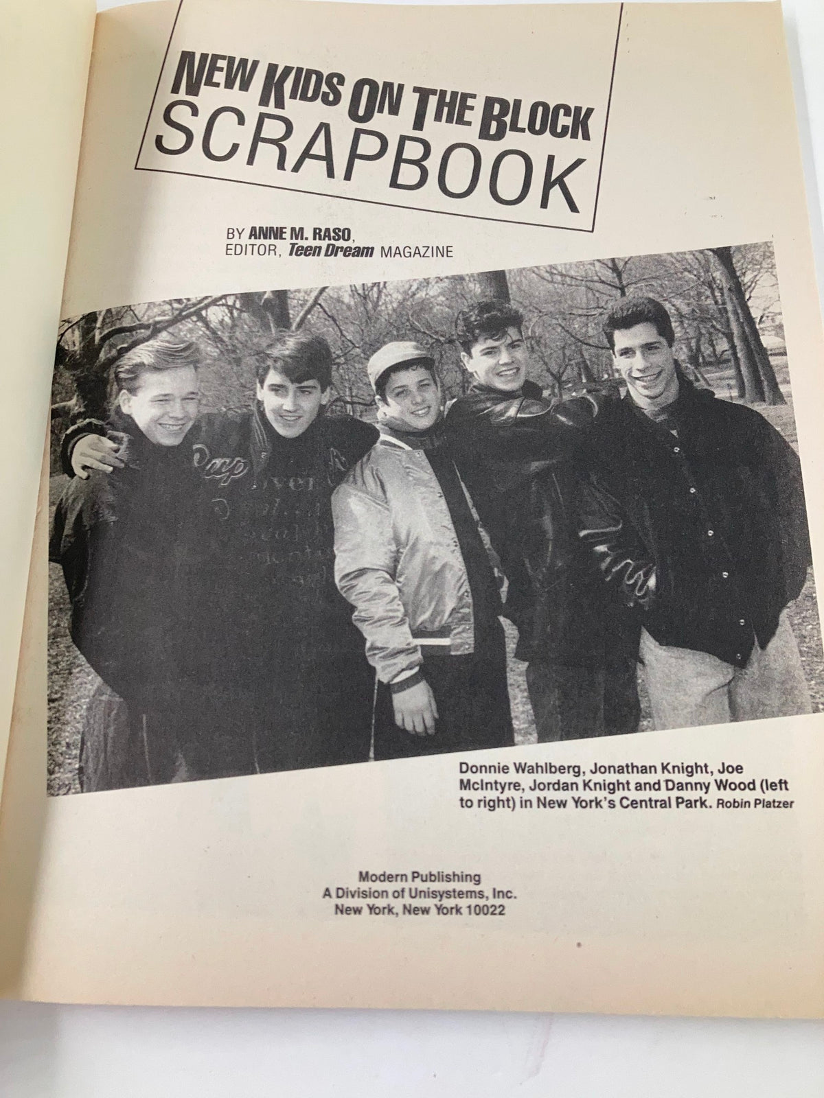 Inside page of the 1990 New Kids on The Block Scrapbook by Anne M. Raso showcasing a black and white photo of band members Donnie Wahlberg, Jonathan Knight, Joe McIntyre, Jordan Knight, and Danny Wood in Central Park.