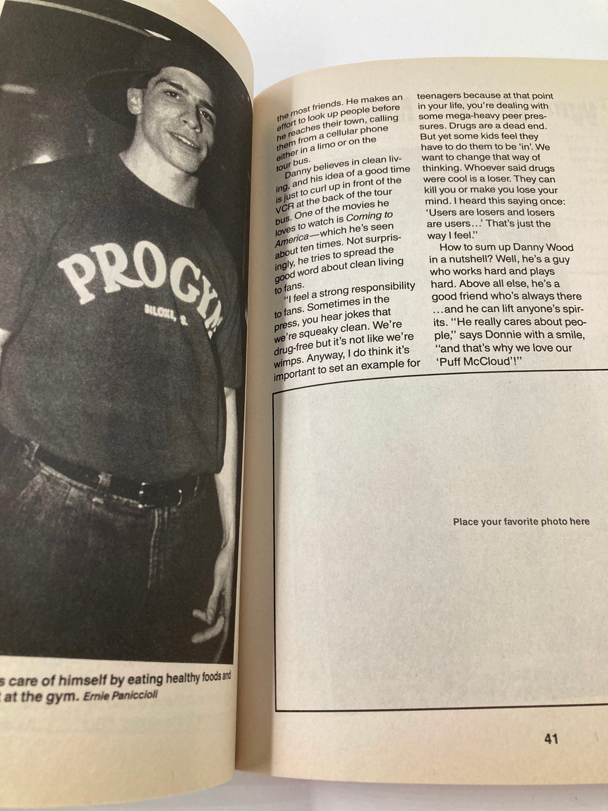 Interior page from '1990 New Kids on The Block Scrapbook by Anne M. Raso' with text about health and fitness featuring Ernie Paniccioli.