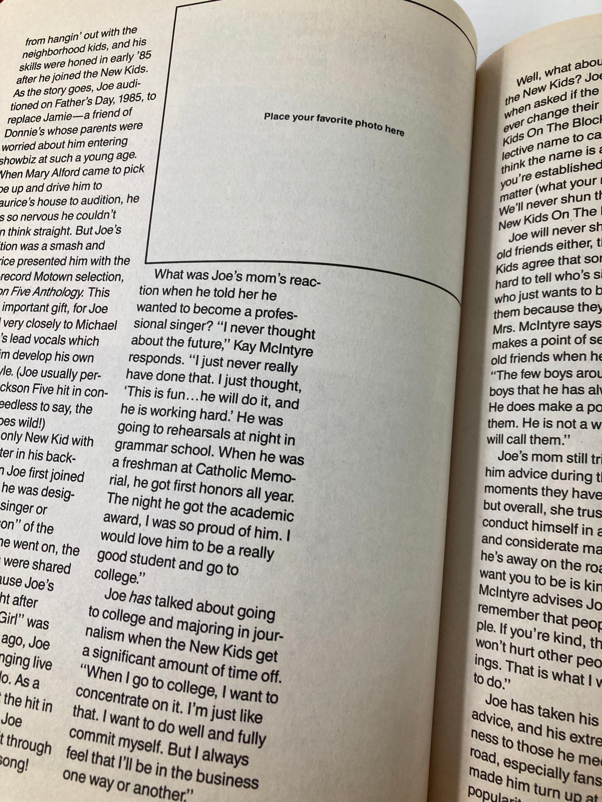 Text page from '1990 New Kids on The Block Scrapbook by Anne M. Raso' discussing Joe's thoughts on pursuing a singing career.