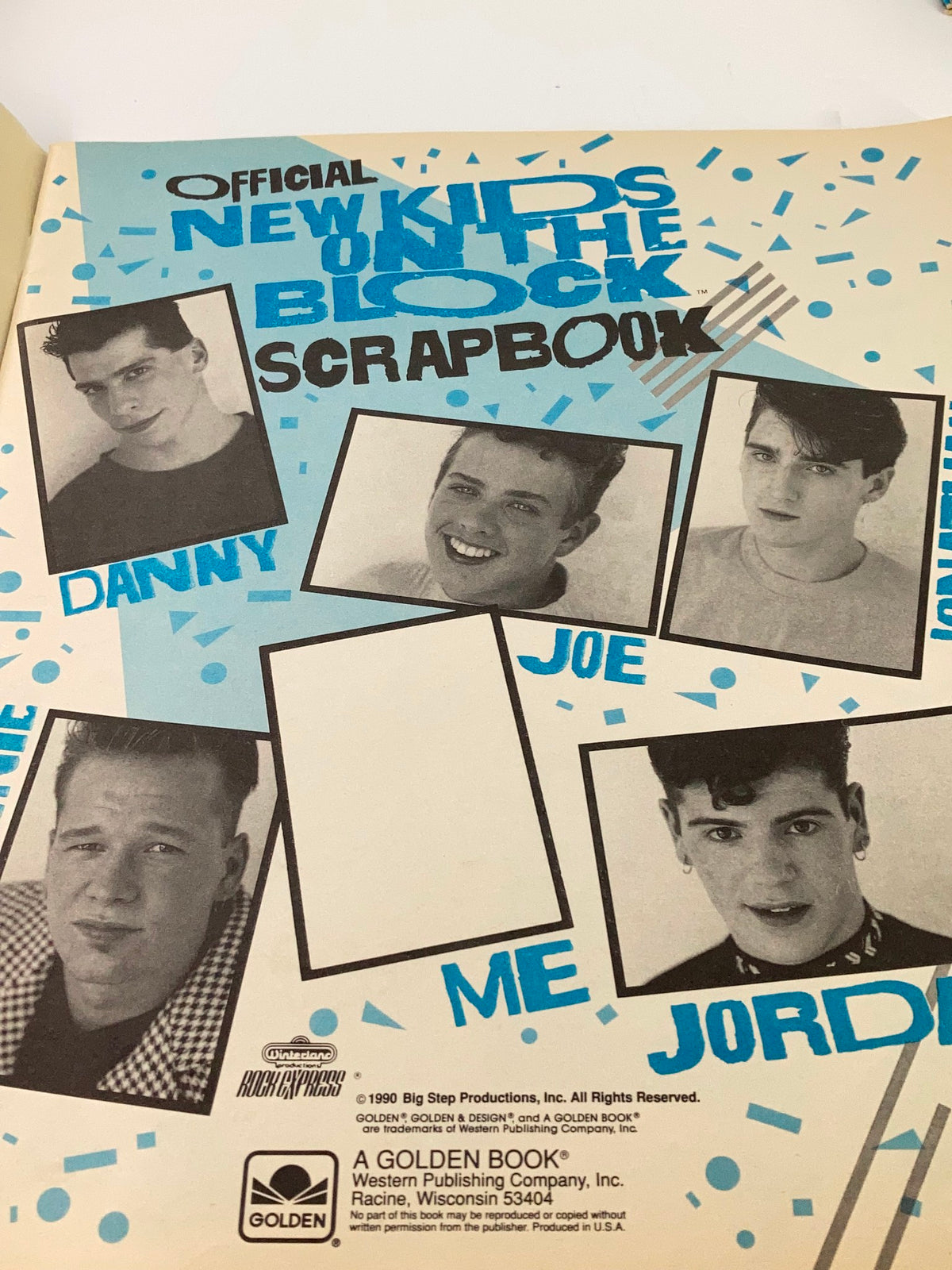 Interior page of the 1989 Official New Kids on The Block Bonus Scrapbook showcasing photos and names of band members Danny, Joe, and Jordan.