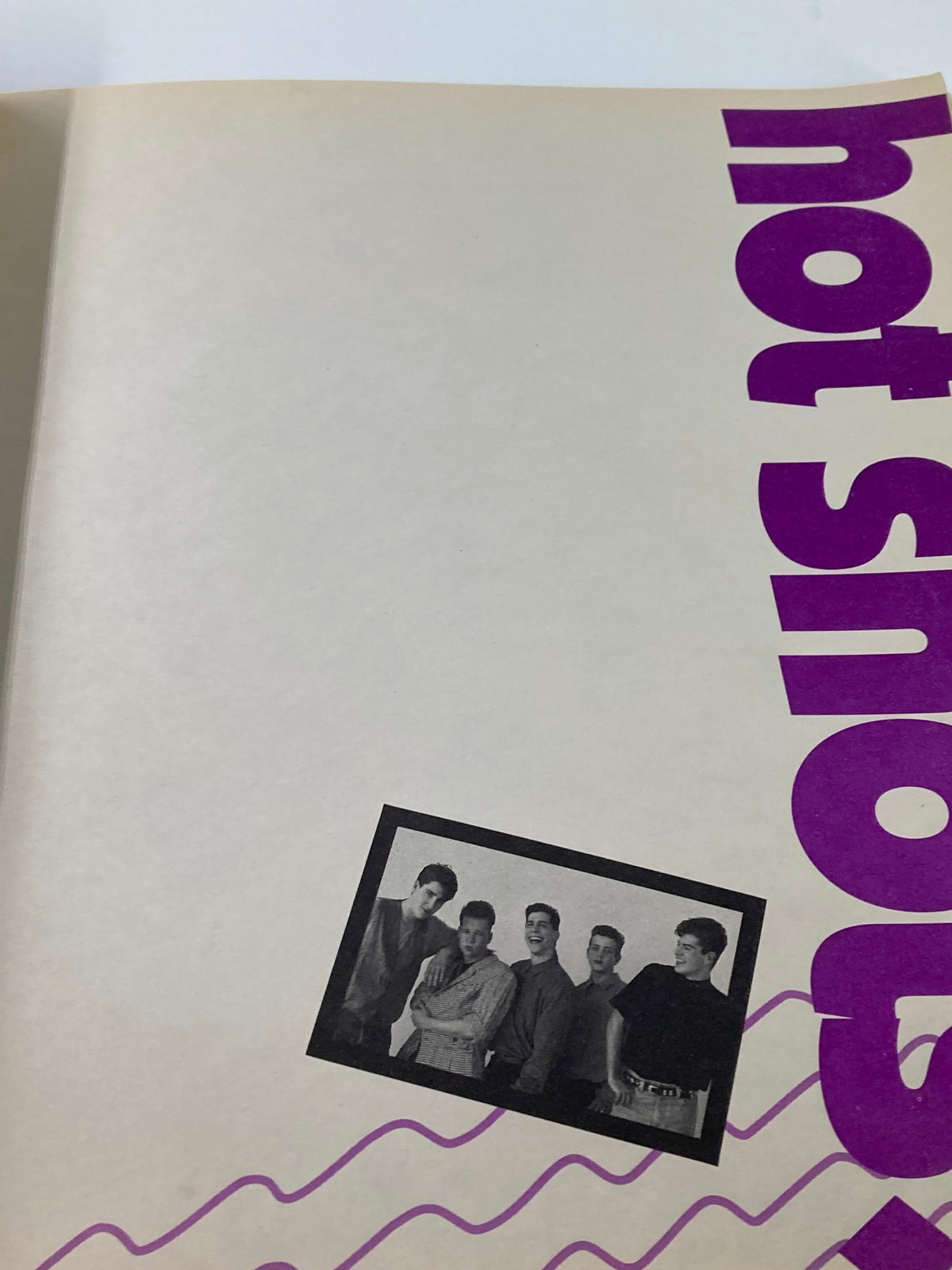 Image from the 1989 Official New Kids on The Block Bonus Scrapbook featuring a group of five male performers in a black and white photo with the caption 'hot shots' in purple.