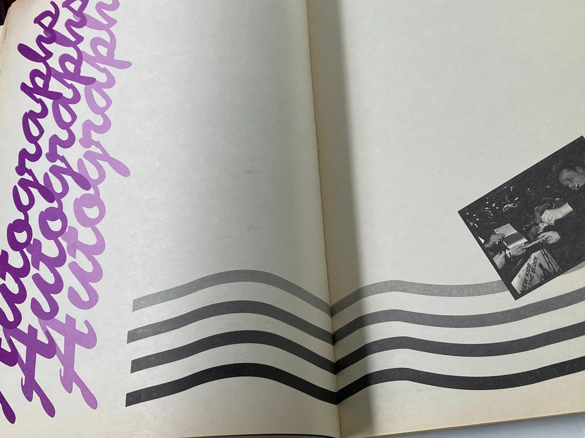 Image from the 1989 Official New Kids on The Block Bonus Scrapbook showing a page titled 'Autographs' with purple text and a black-and-white photo attached.