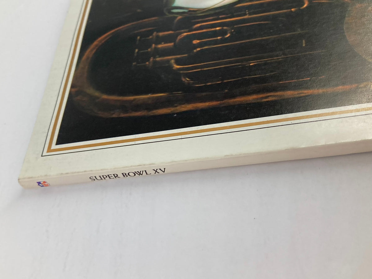Side view of the 1981 NFL Super Bowl XV Magazine spine displaying the title 'Super Bowl XV,' emphasizing its collectible nature.
