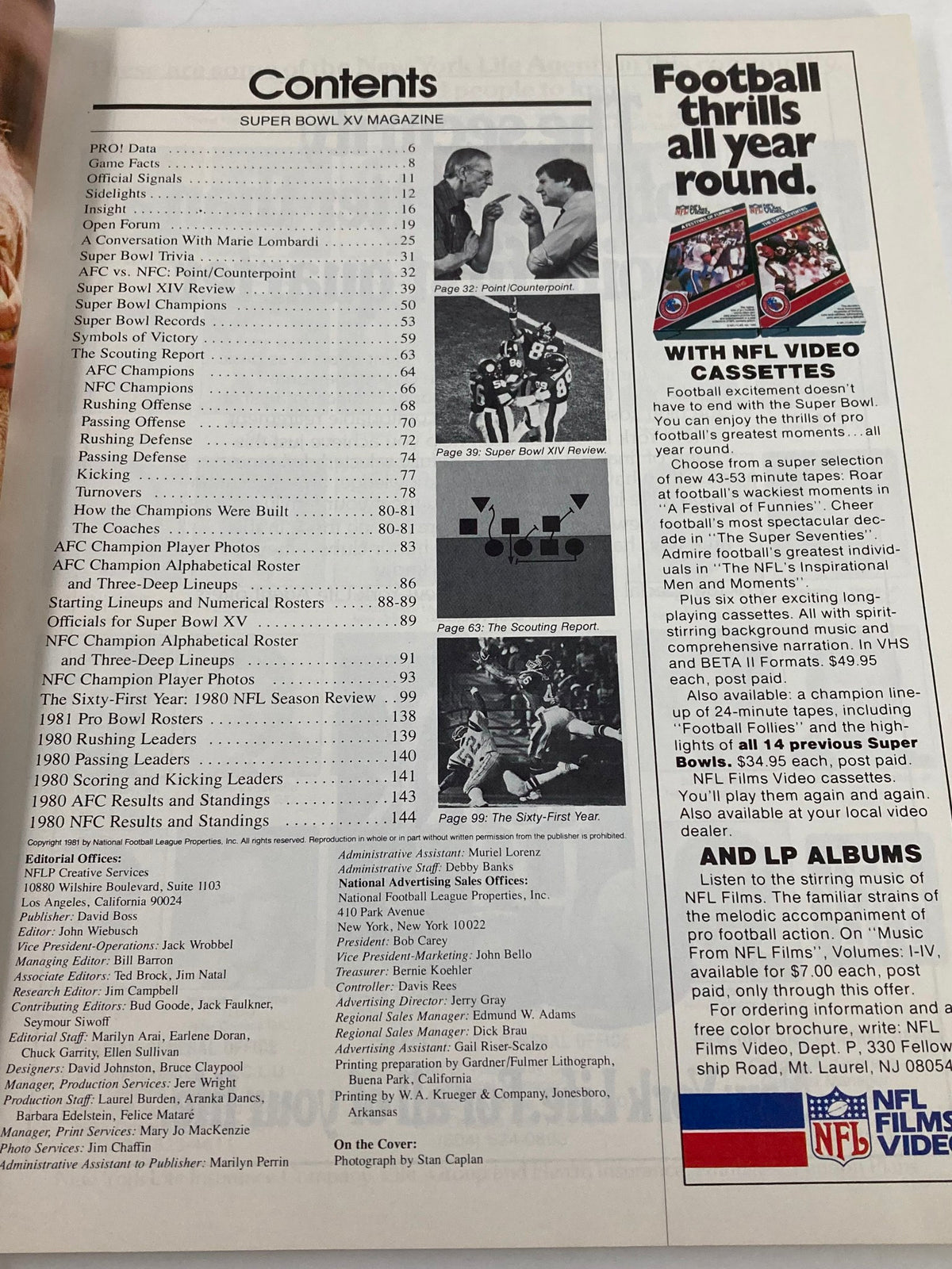 Table of contents page from the 1981 NFL Super Bowl XV Magazine, detailing various sections including game data and features on key teams and players.