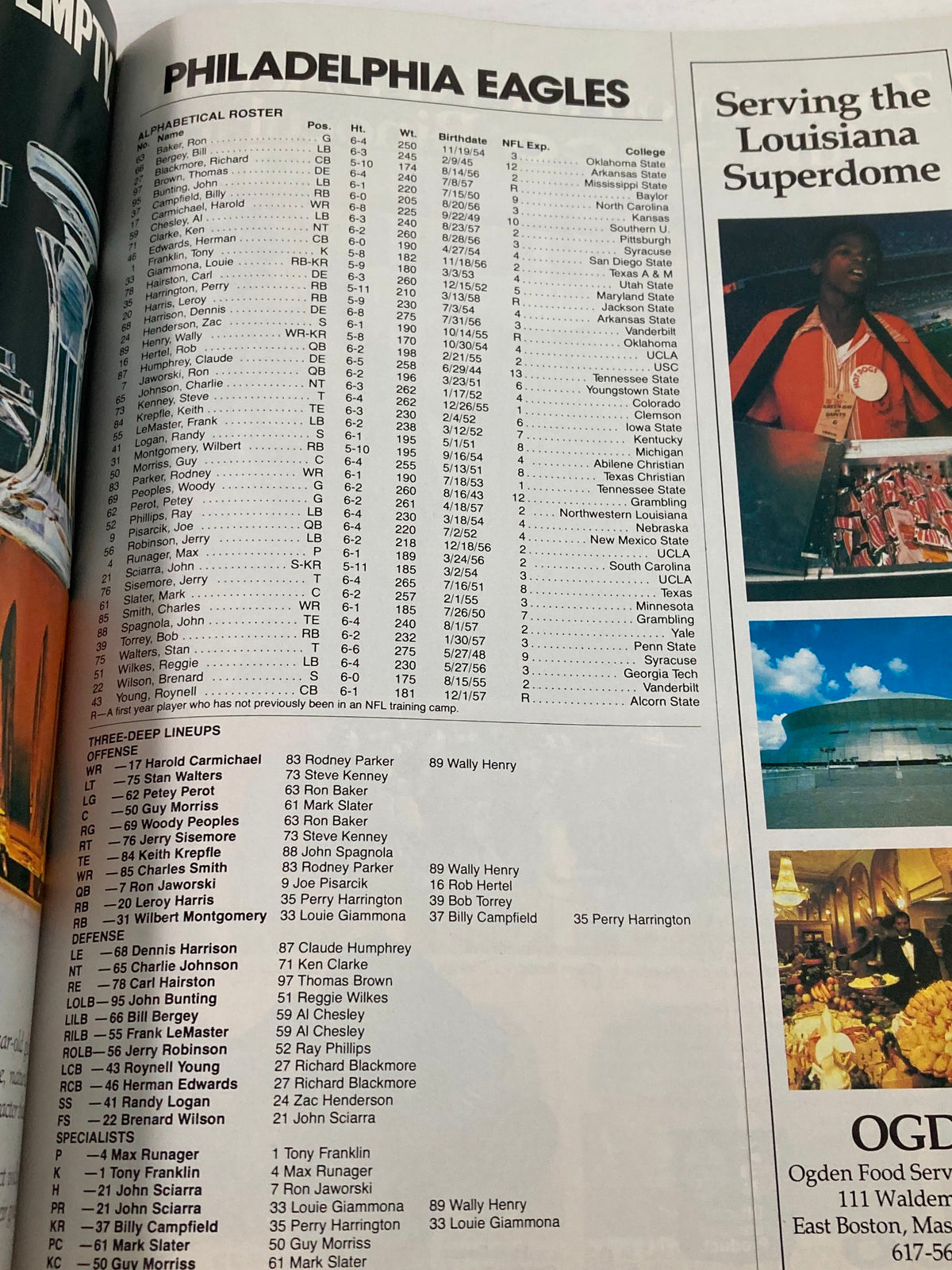 Roster page from the 1981 NFL Super Bowl XV Magazine highlighting the Philadelphia Eagles players and their credentials, combining sports history with NFL memorabilia.