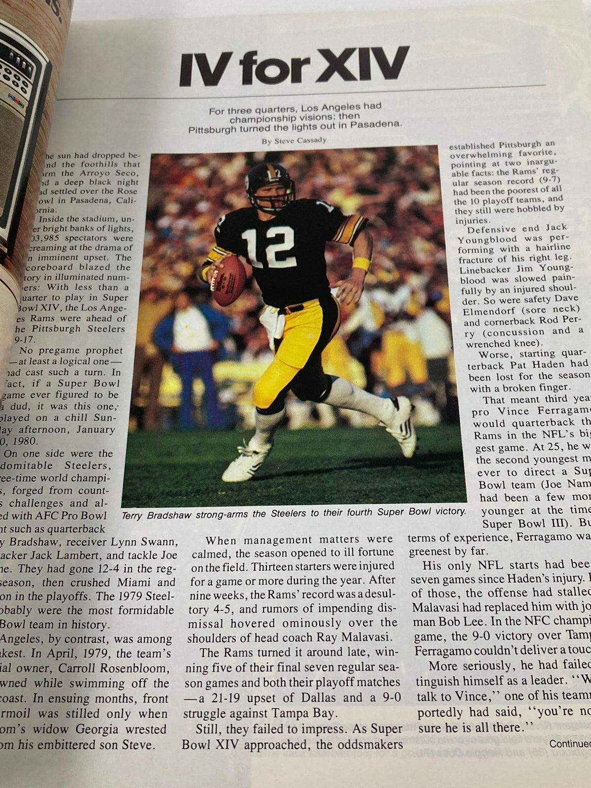 Article titled 'IV for XIV' from the 1981 NFL Super Bowl XV Magazine detailing the Pittsburgh Steelers' Super Bowl victory, highlighting the performance of quarterback Terry Bradshaw.