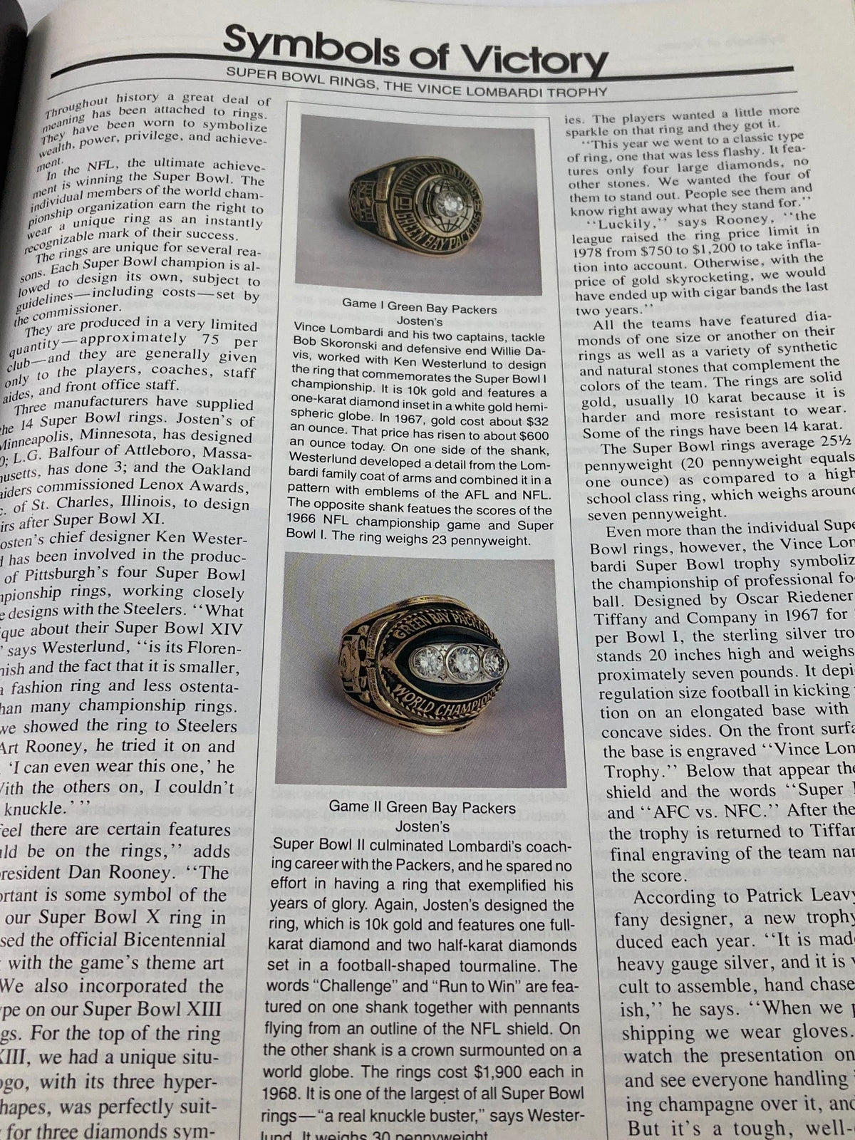 Section from the 1981 NFL Super Bowl XV Magazine discussing Super Bowl rings and the Vince Lombardi Trophy, featuring images of Super Bowl champion rings.
