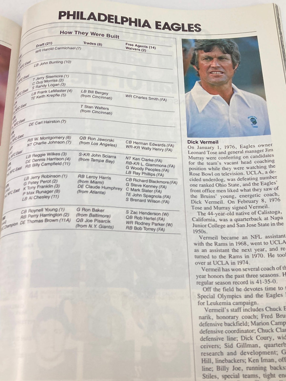 Overview of the Philadelphia Eagles players and how they were built, as featured in the 1981 NFL Super Bowl XV Magazine, including key player acquisitions.