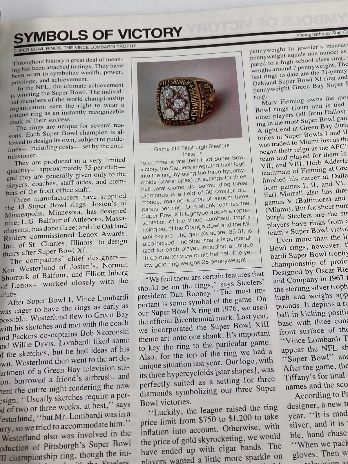 Article discussing Super Bowl rings and the Vince Lombardi Trophy in the 1980 NFL Super Bowl XIV Magazine.