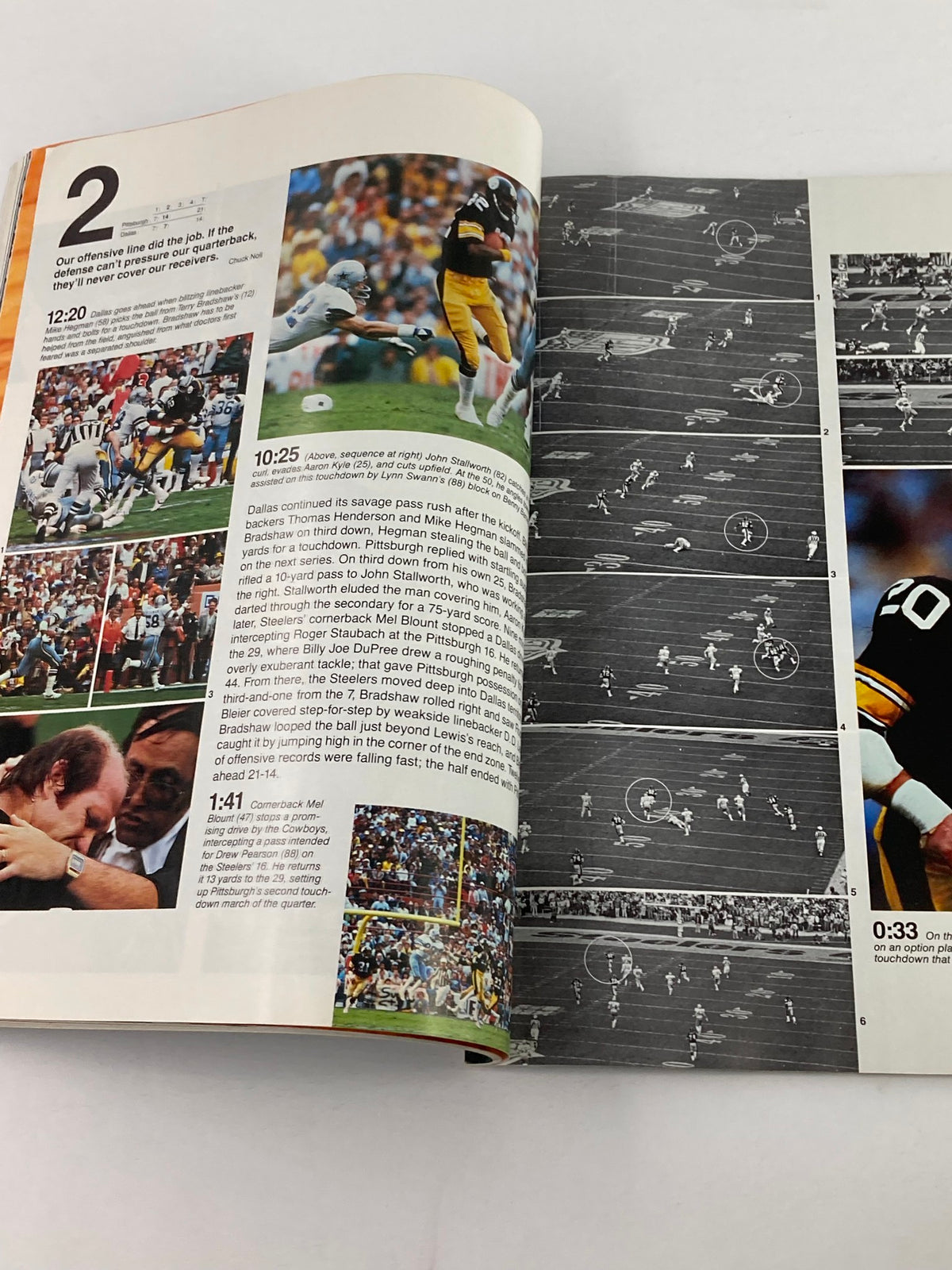 Interior page of the 1980 NFL Super Bowl XIV Magazine showcasing game highlights and player statistics from the AFC vs NFC matchup for the Vince Lombardi Trophy.