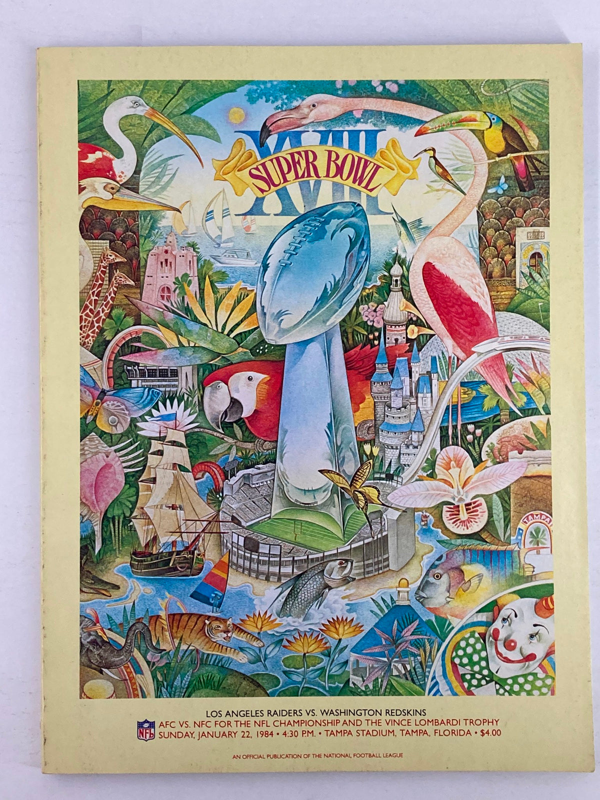 Cover of the 1984 NFL Super Bowl XVIII Magazine featuring AFC vs NFC matchup, showcasing vibrant artwork and the Vince Lombardi Trophy, reflecting a significant moment in NFL history.