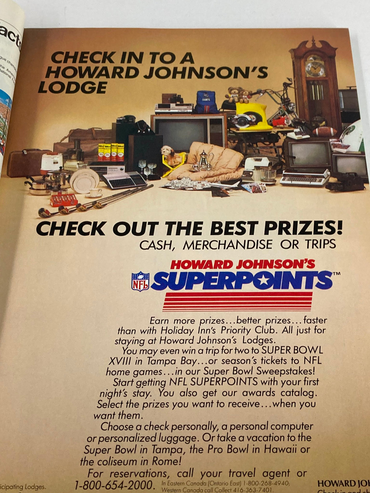 1984 NFL Super Bowl XVIII Magazine advertisement for Howard Johnson's Lodge, promoting cash, merchandise, and trip prizes during the Super Bowl XVIII matchup of AFC vs NFC.
