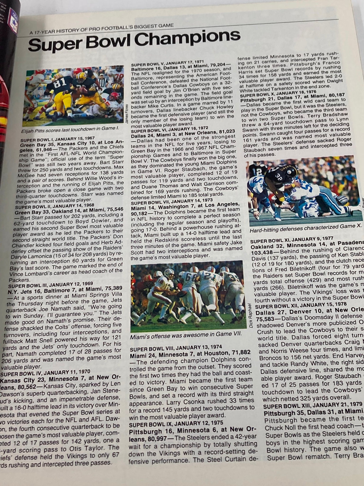 1984 NFL Super Bowl XVIII Magazine page featuring a detailed history of Super Bowl Champions, highlighting notable games and key player performances.