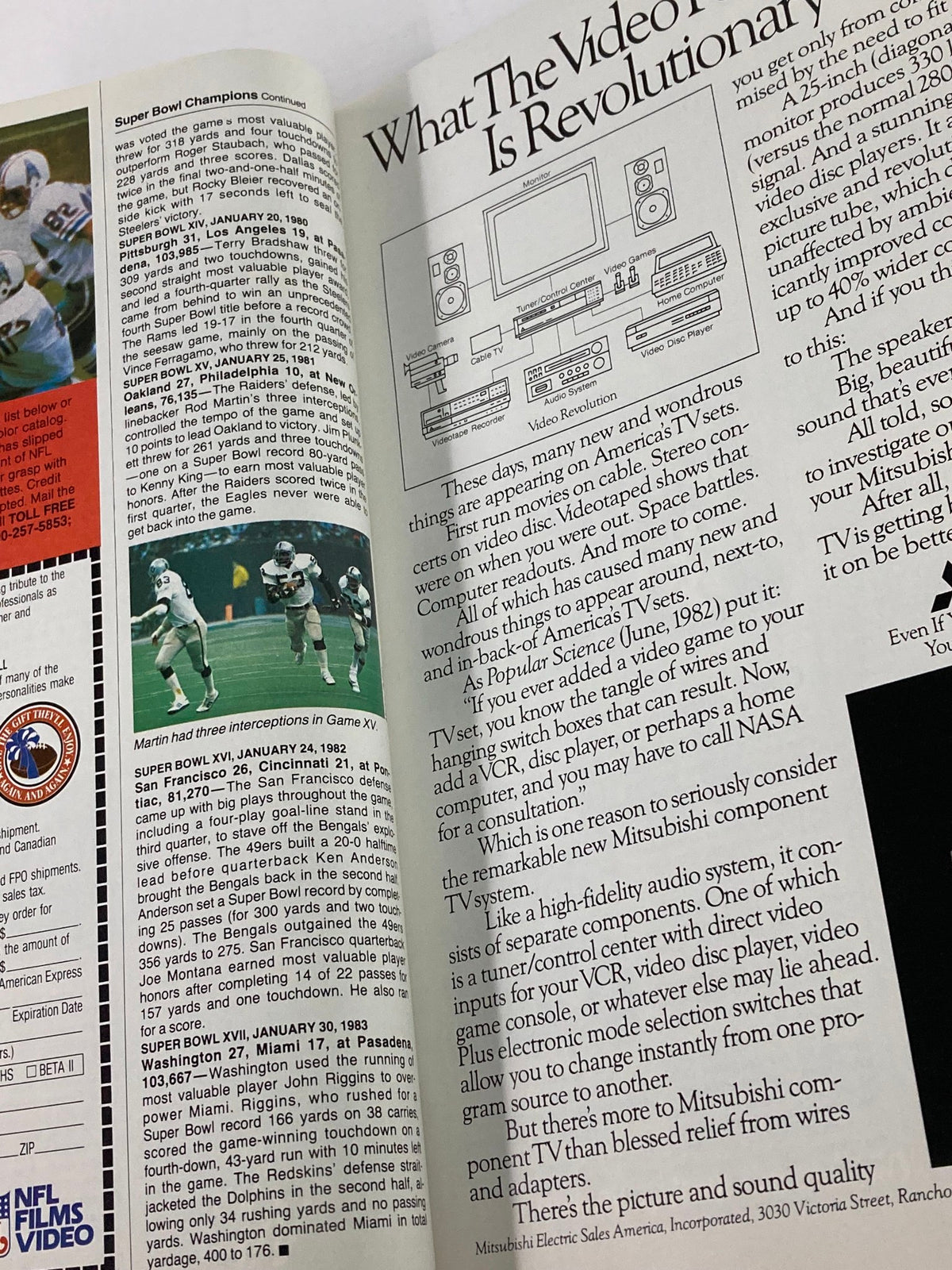 1984 NFL Super Bowl XVIII Magazine section discussing the video revolution in television technology during the Super Bowl era, showcasing various components of video systems.