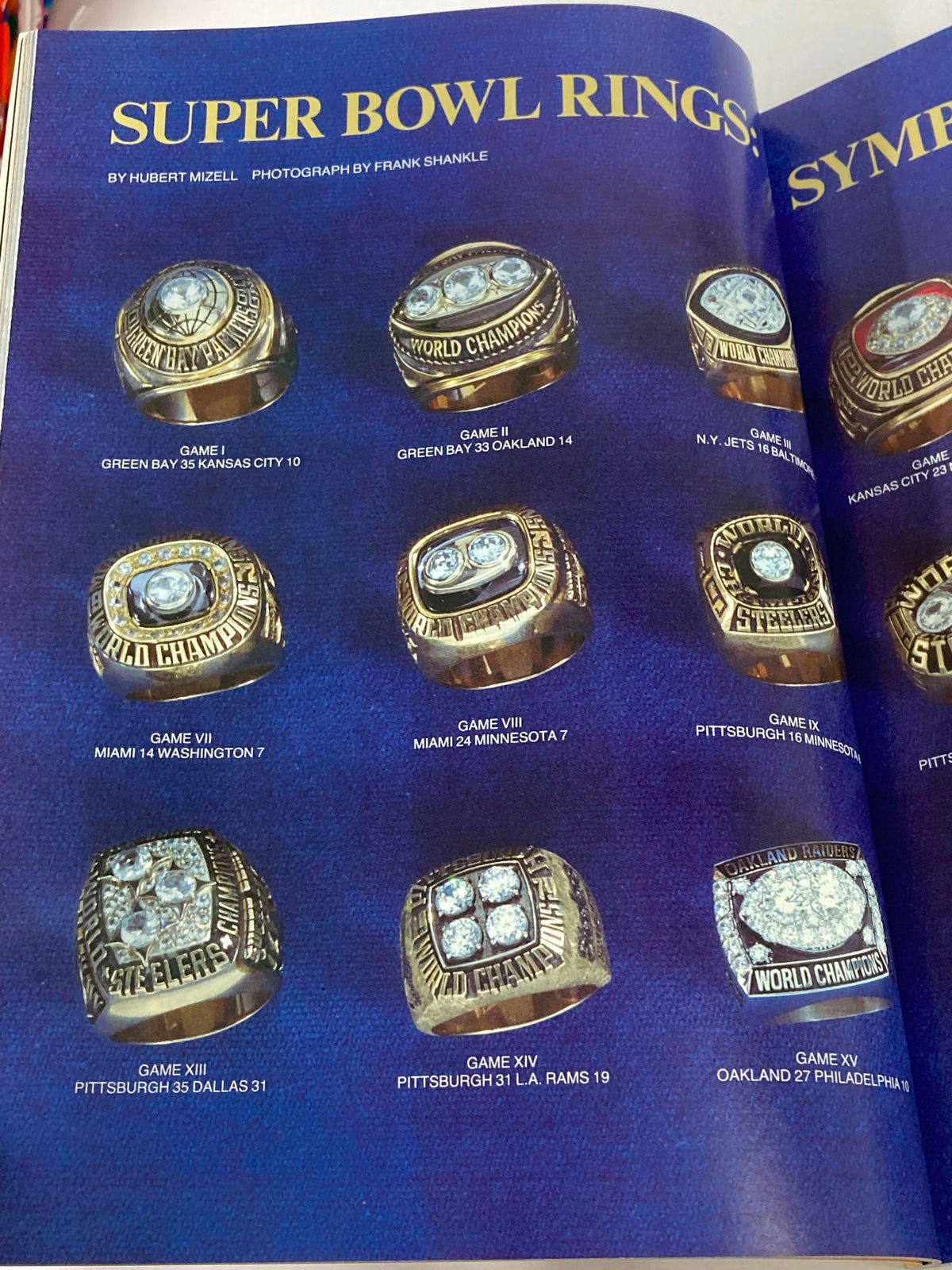 1984 NFL Super Bowl XVIII Magazine showcasing Super Bowl championship rings from various games, a tribute to the prestigious awards given to winning teams.