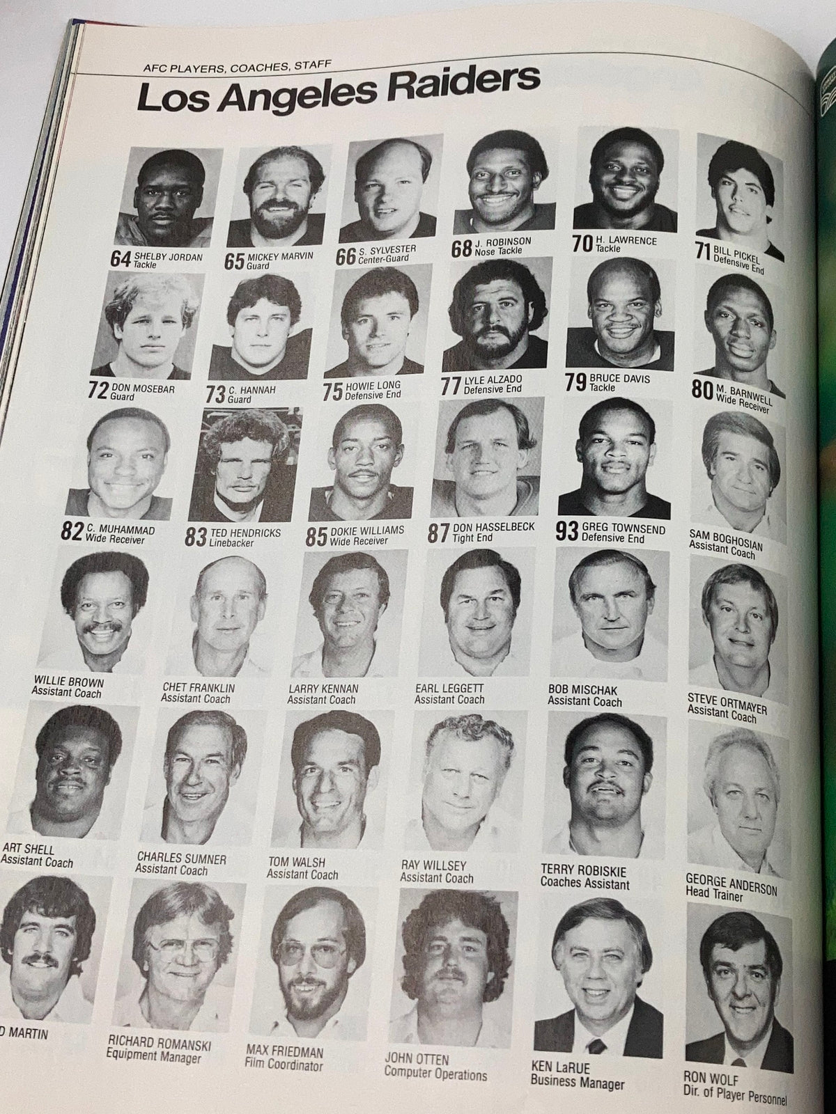 Coaching staff and player roster for the Los Angeles Raiders in the 1984 NFL Super Bowl XVIII Magazine featuring AFC vs NFC teams.