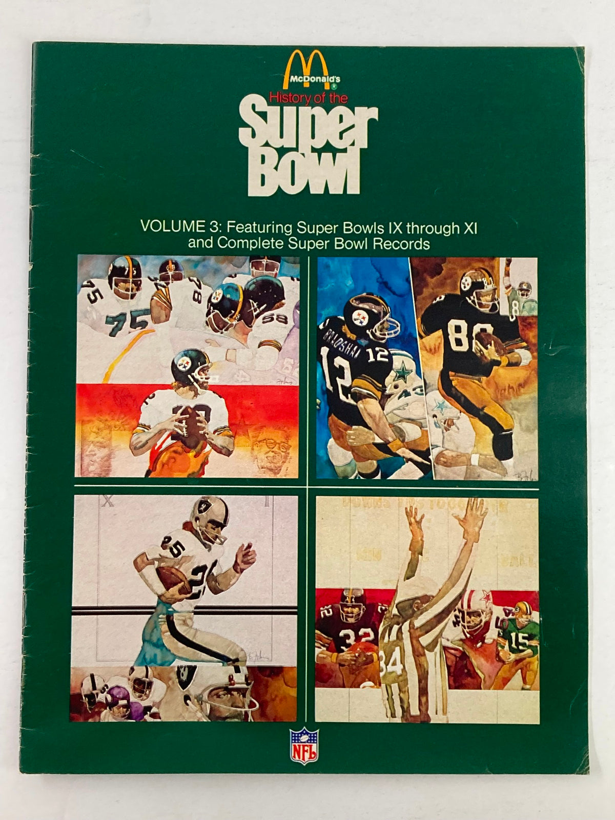 Cover of the 1975 Volume 3 Official NFL Souvenir - Complete History of the Super Bowl IX - XI featuring iconic illustrations and a collage of memorable Super Bowl moments.