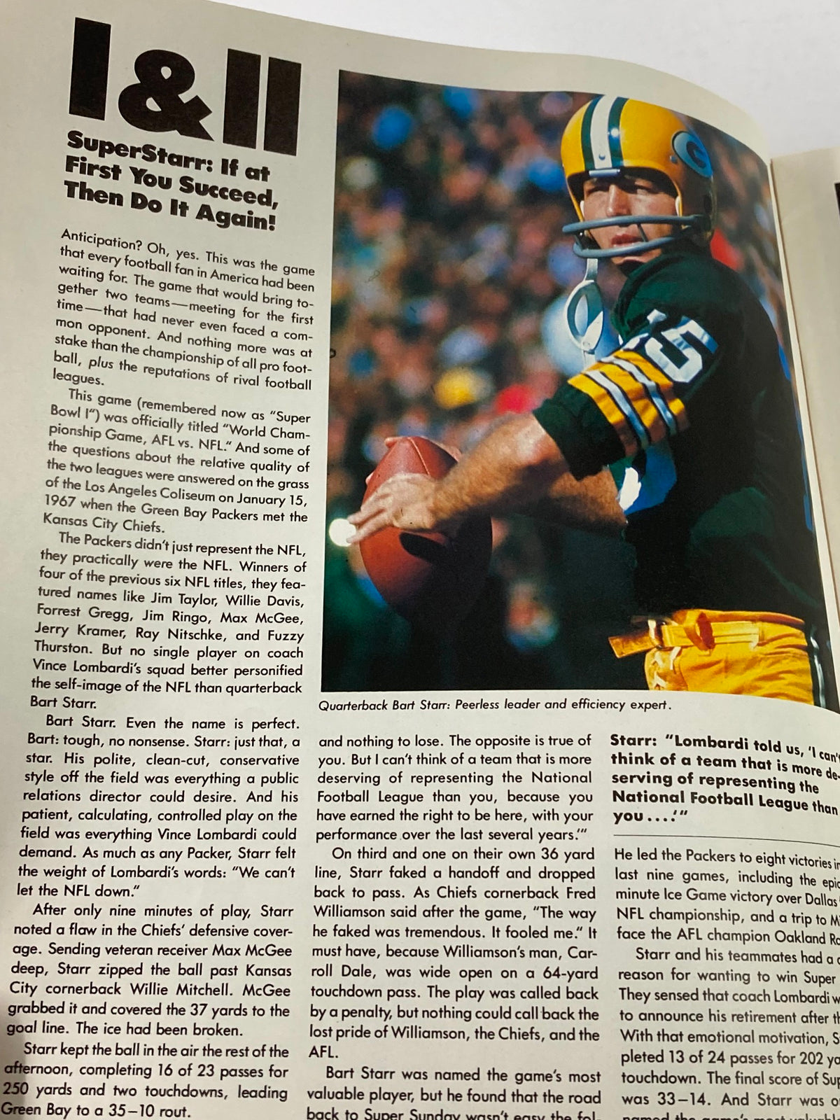 Interior page from the 1978 NFL Publication The Super Men of The Super Bowl MVPs of 1st 12 Games showcasing quarterback Bart Starr of the Green Bay Packers, discussing his career and achievements.