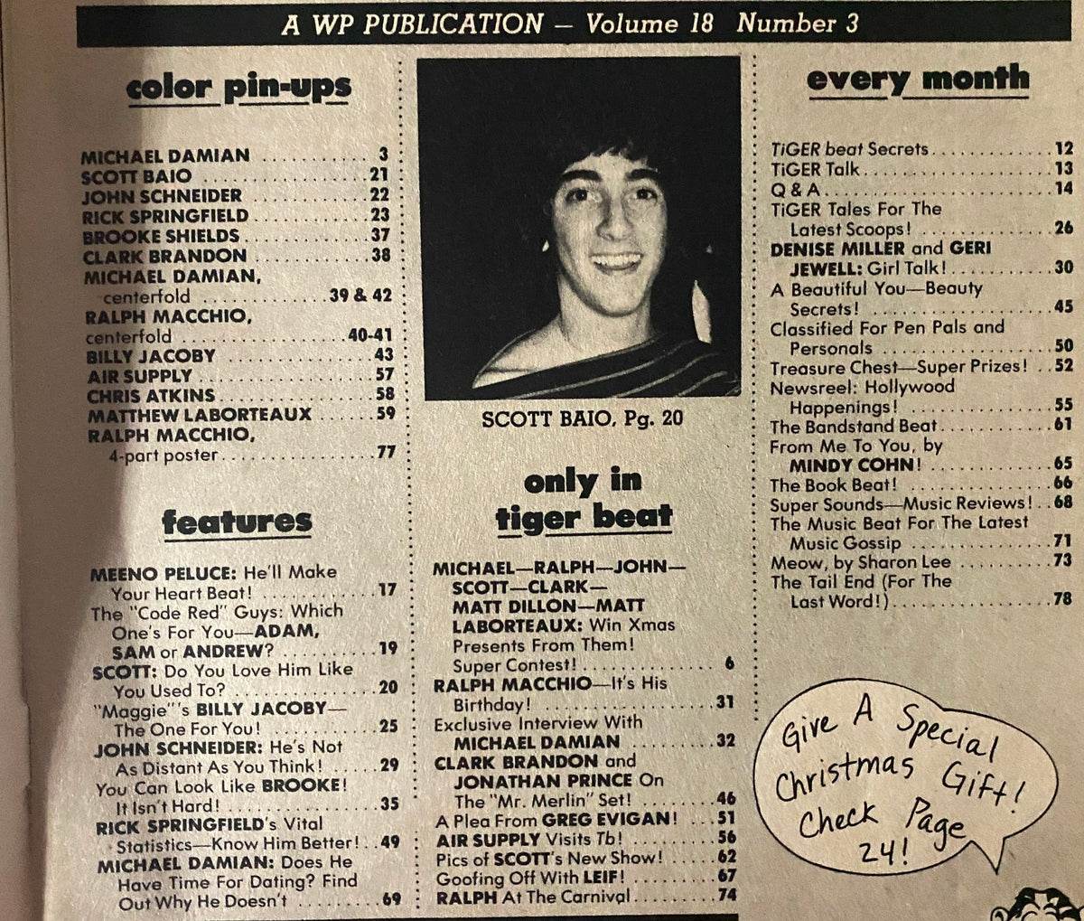 Inside page of Tiger Beat Magazine December 1981 showcasing color pin-ups and a list of featured content including interviews and contests.