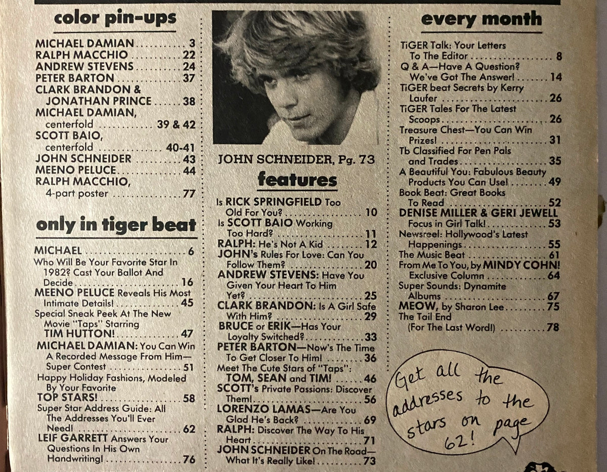 Table of contents page from Tiger Beat Magazine January 1982 featuring color pin-ups and exclusive articles including John Schneider.