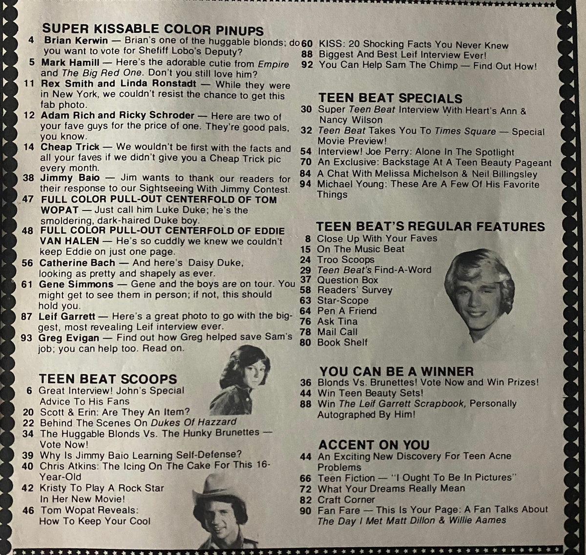 Inside page of Teen Beat Magazine December 1980, showcasing a list of features including interviews, color pinups, and exclusive articles, highlighting the stars of the era.