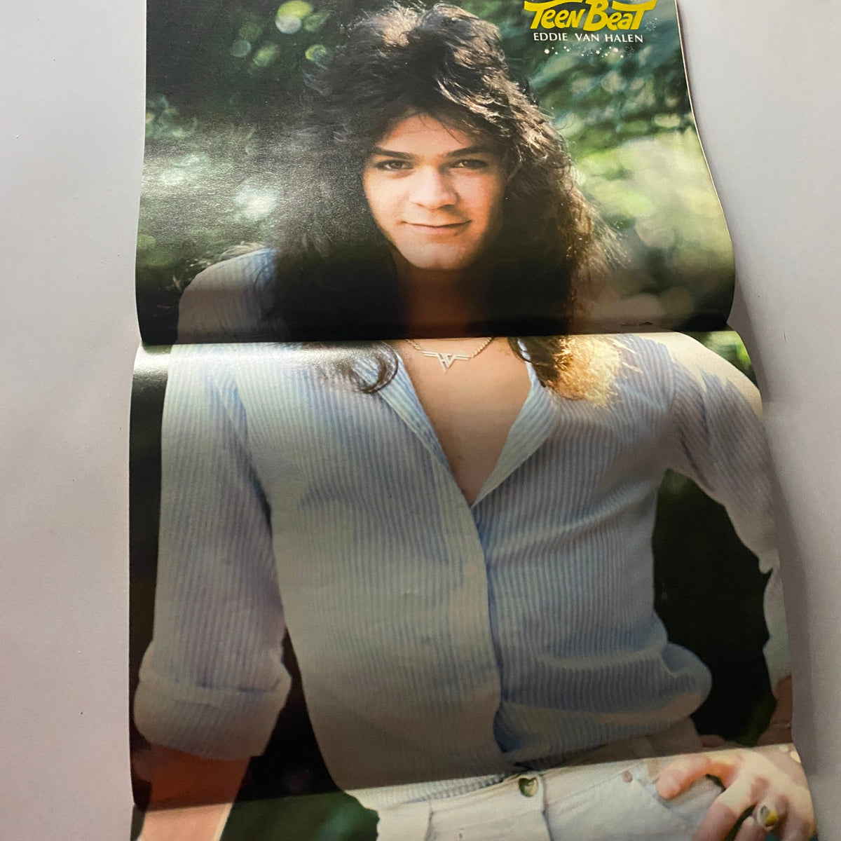 Fold-out poster from Teen Beat Magazine December 1980 featuring Eddie Van Halen, showcasing the rock star's iconic look, ideal for vintage magazine collectors.