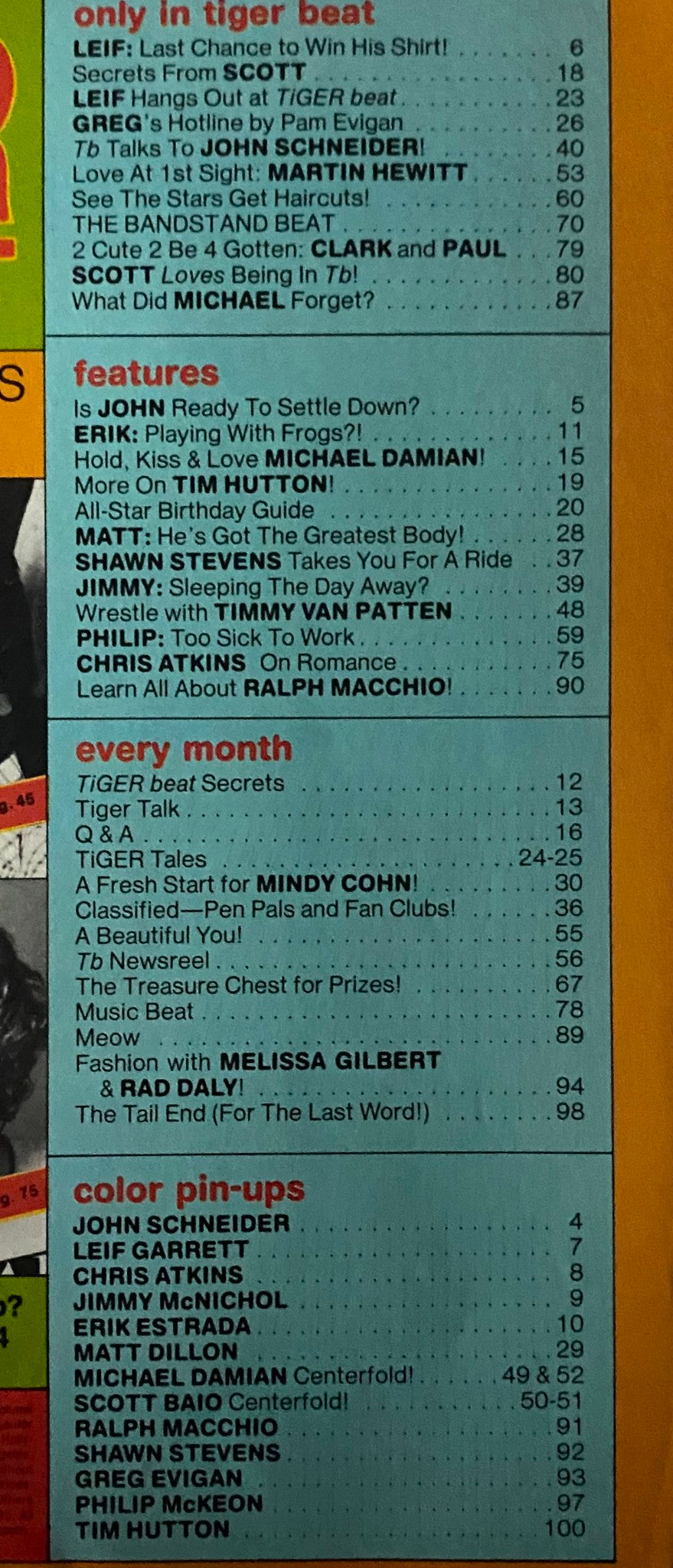 Contents page of Tiger Beat Magazine April 1981 detailing featured articles and color pin-ups including John Schneider and Ralph Macchio.