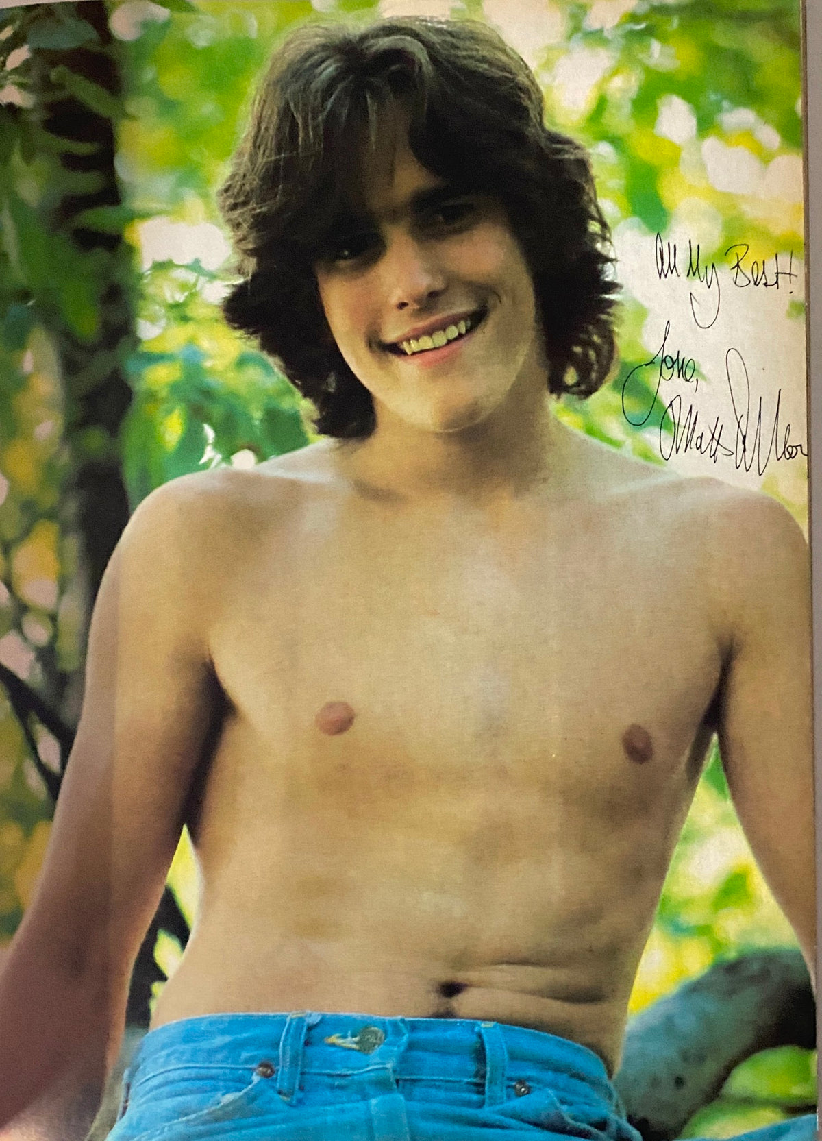 Matt Dillon posing shirtless amidst nature with a warm smile and casual blue jeans, accompanied by a personal note, featured in Tiger Beat Magazine, April 1981.
