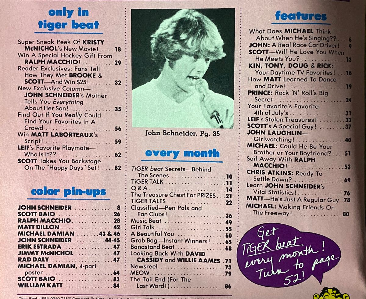 Table of contents from Tiger Beat Magazine July 1981, showcasing articles featuring Michael Damian and other celebrities, along with detailing pin-up pages.