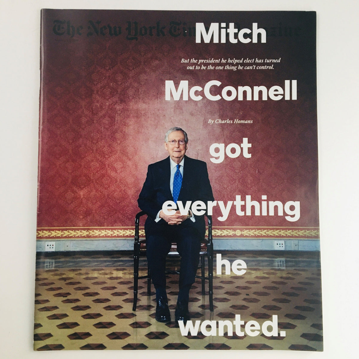 The New York Times Magazine January 27 2019 cover featuring Mitch McConnell seated and surrounded by a decorative interior. The headline reads 'Mitch McConnell got everything he wanted.' This vintage magazine discusses the political influence of Mitch McConnell and captures the historical context of early 2019.