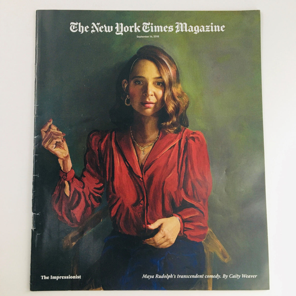 The New York Times Magazine cover from September 16, 2018, featuring Maya Rudolph's transcendent comedy, illustrating her vibrant personality in a visually striking portrait.