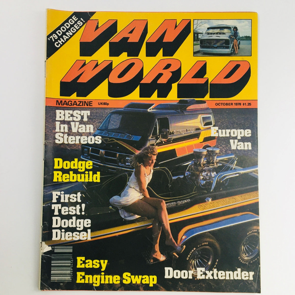 Cover of Van World Magazine October 1978 featuring articles on Dodge Rebuild, Easy Engine Swap, and Door Extender modifications. Vintage automotive culture highlighted with iconic van imagery.