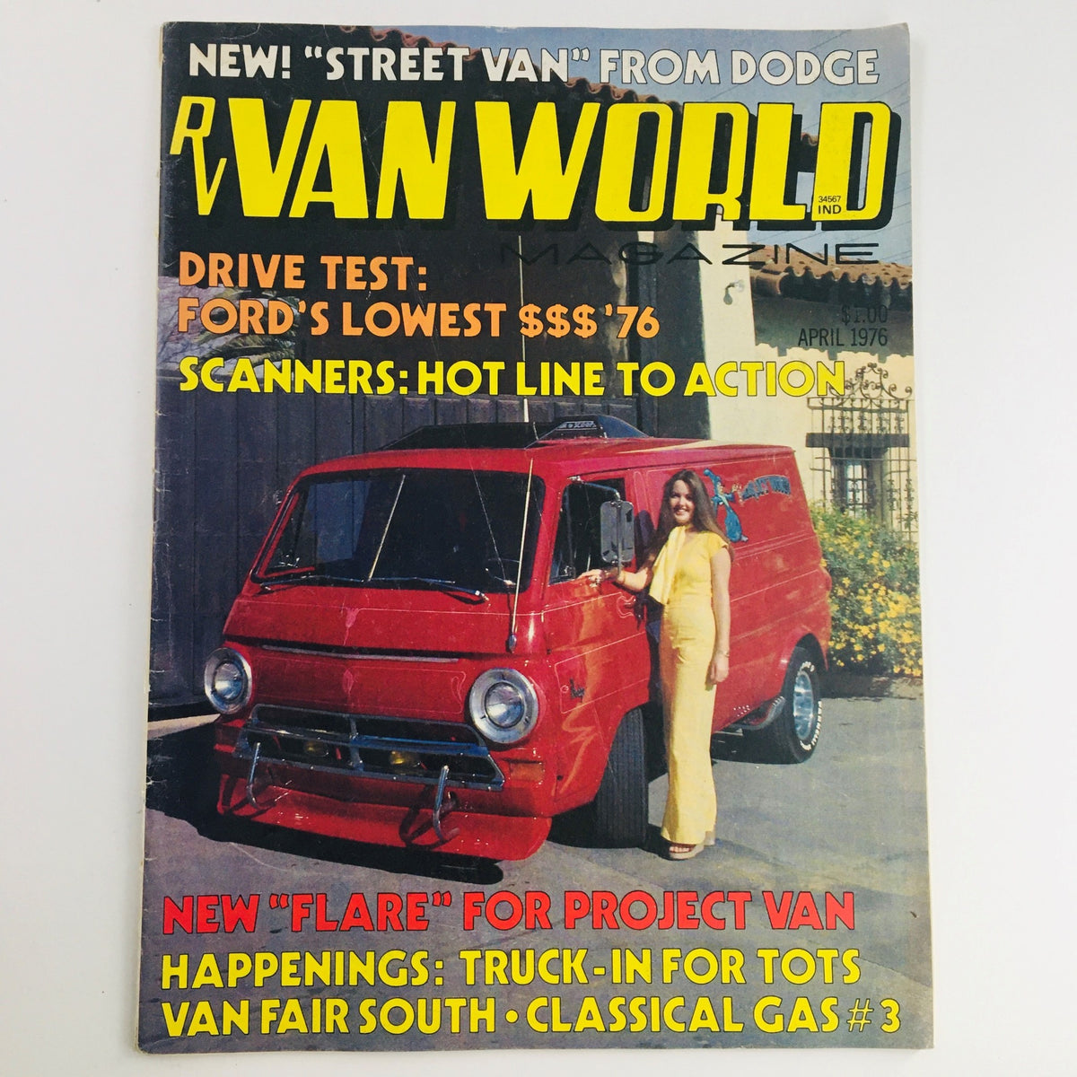 Cover of Van World Magazine April 1976 featuring the Flare Project Van and Dodge Street Van, showcasing a red van with a woman standing beside it, highlighting automotive culture of the 1970s.