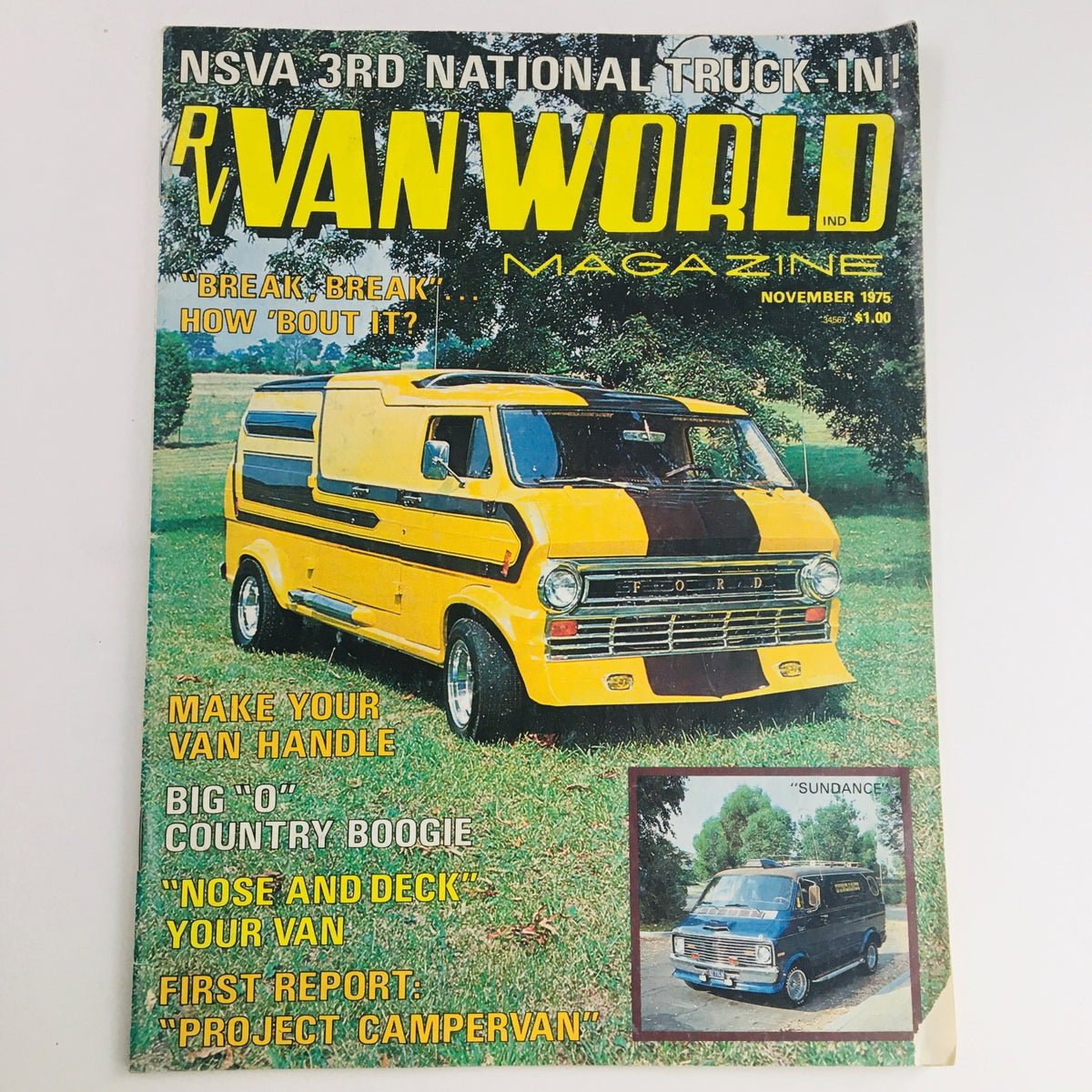 Van World Magazine November 1975 cover showcasing a classic yellow and brown campervan, featuring headlines about 'Big O Country Boogie' and 'Project Campervan.'