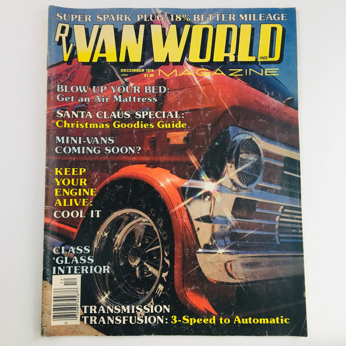 Cover of Van World Magazine December 1976 featuring an article on transmission upgrades from 3-speed to automatic with vibrant graphic design.